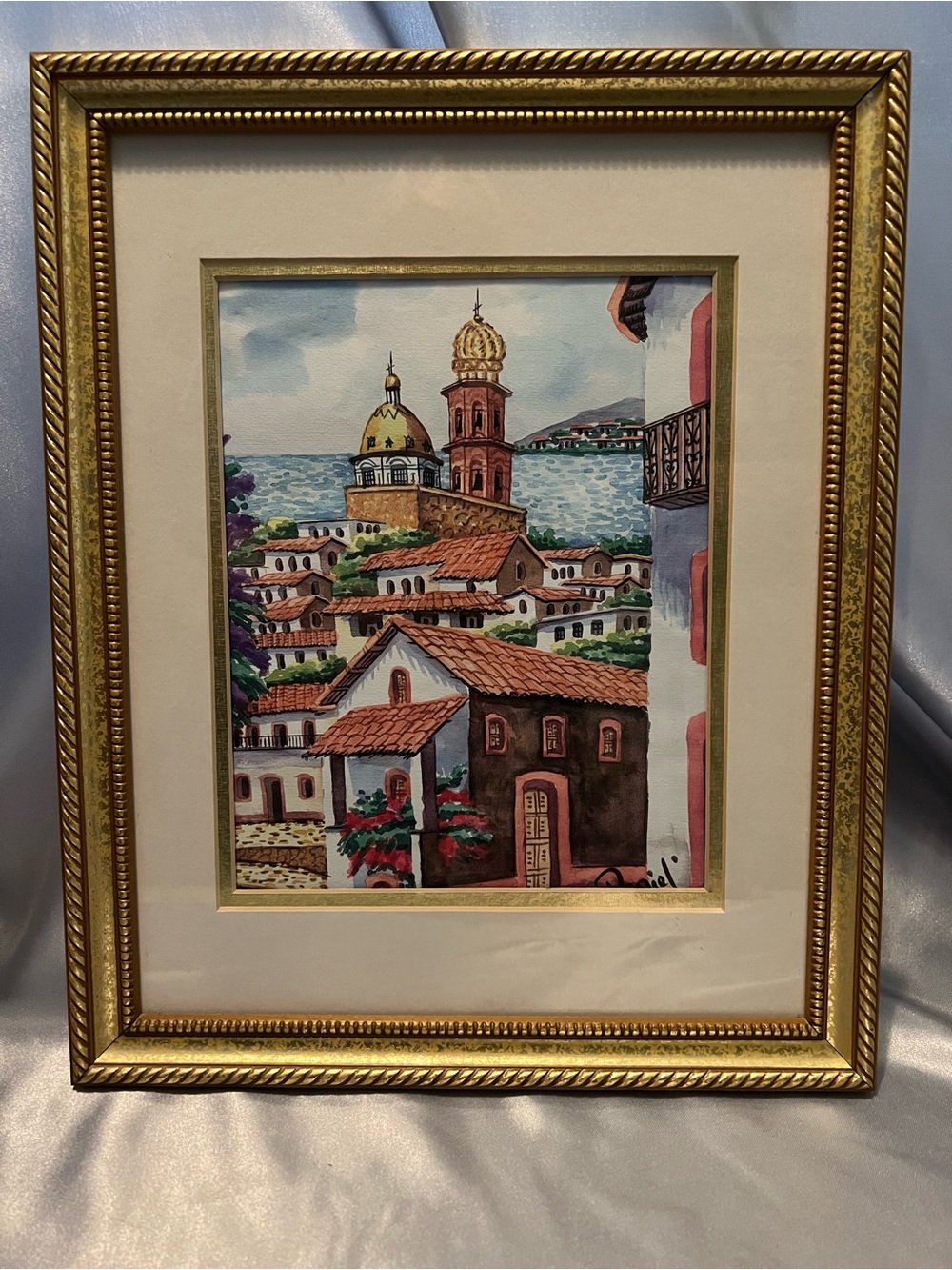 Vintage Framed Watercolor Painting Puerto Vallarta Mexico Landscape Gold Frame